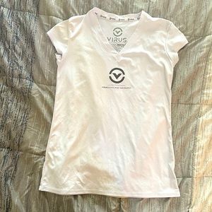 Virus womens performance workout shirt in white with grey lettering.